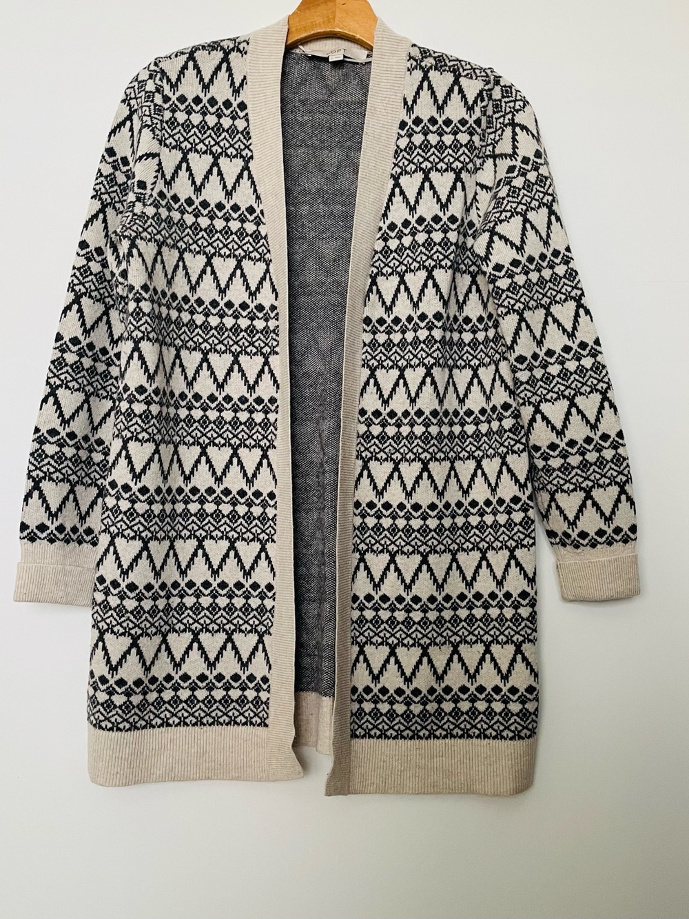 LOFT Black & Cream Patterned Open-Front Cardigan